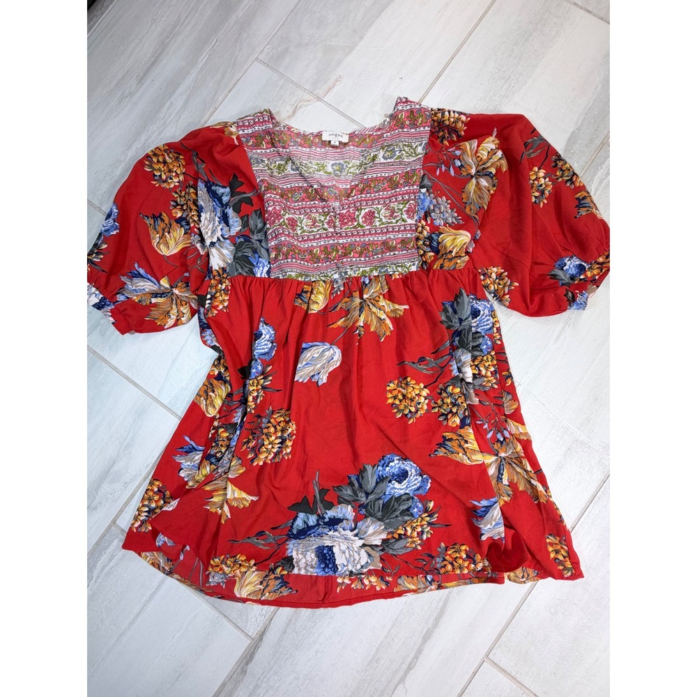 Umgee USA Red Floral Babydoll Tunic Top Mixed Print Puff Sleeve G2262 Medium